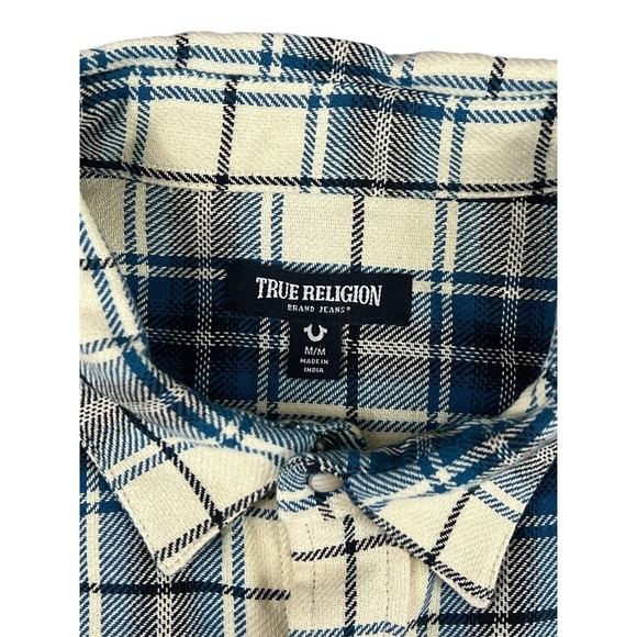 True Religion Men Tan Blue Plaid Long Sleeve Button Snap‎ Shirt Size Medium - Picture 3 of 6